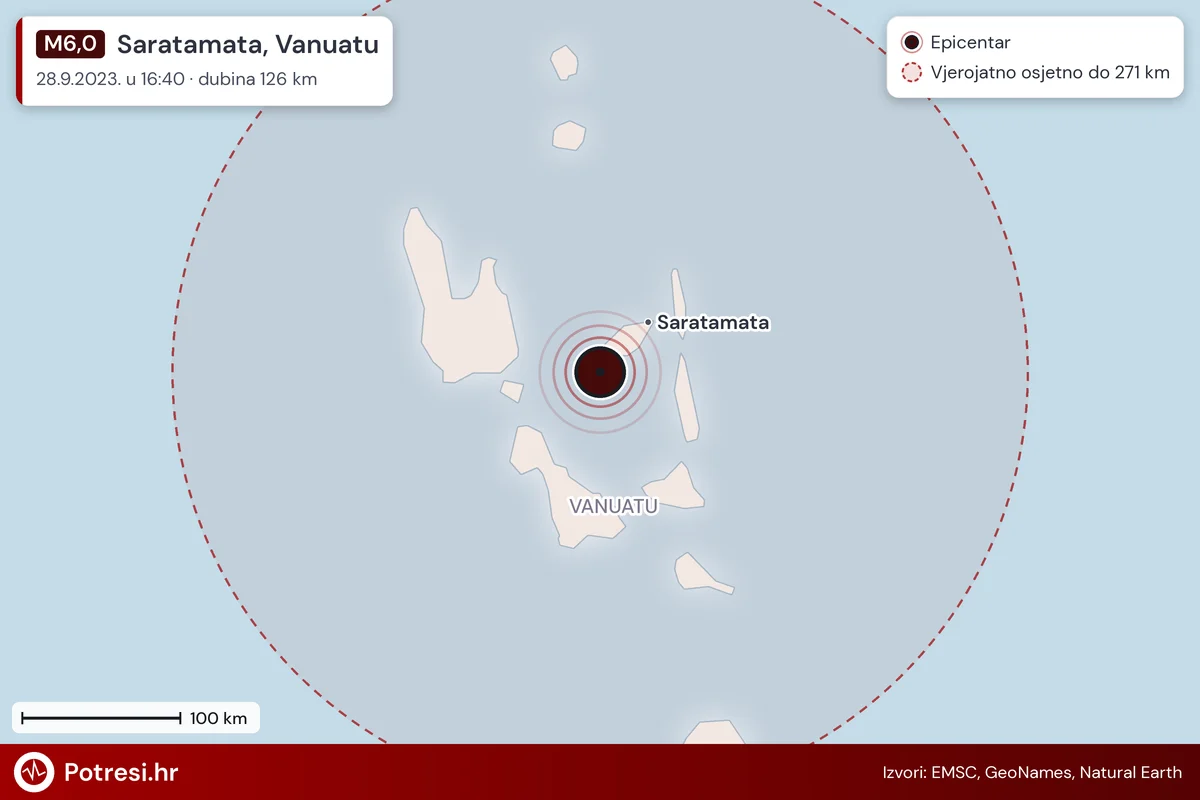 Karta: šire područje i vjerojatni doseg osjeta, potres M6,0, Saratamata, Vanuatu, 28.9.2023.