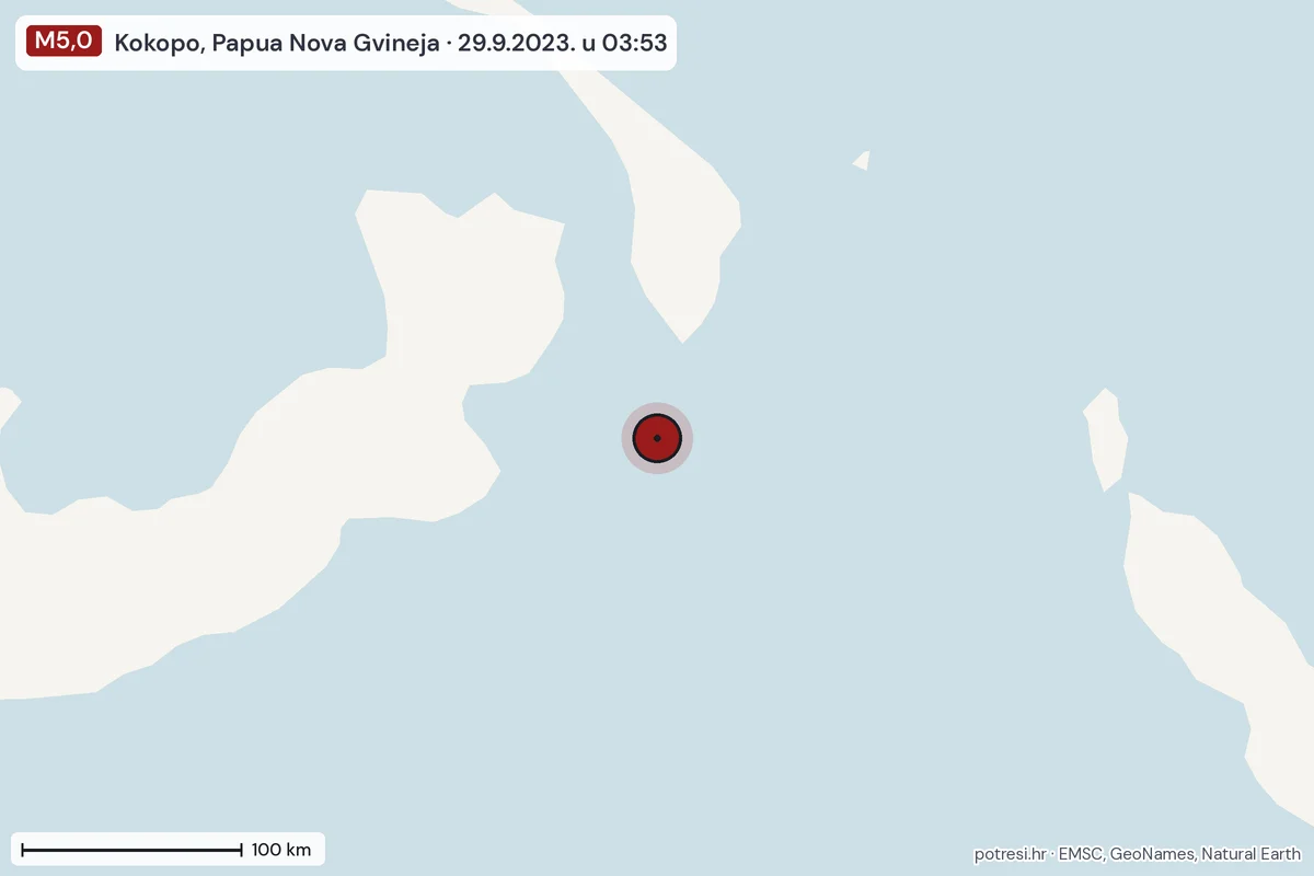 Karta: šire područje, 600 km, potres M5,0, Kokopo, Papua Nova Gvineja, 29.9.2023.