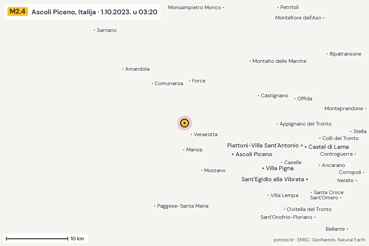 Karta: okolica epicentra, 60 km, potres M2,4, Ascoli Piceno, Italija, 1.10.2023.