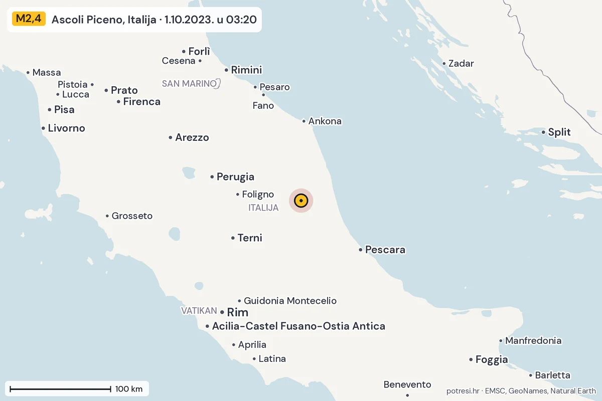 Karta: šire područje, 600 km, potres M2,4, Ascoli Piceno, Italija, 1.10.2023.