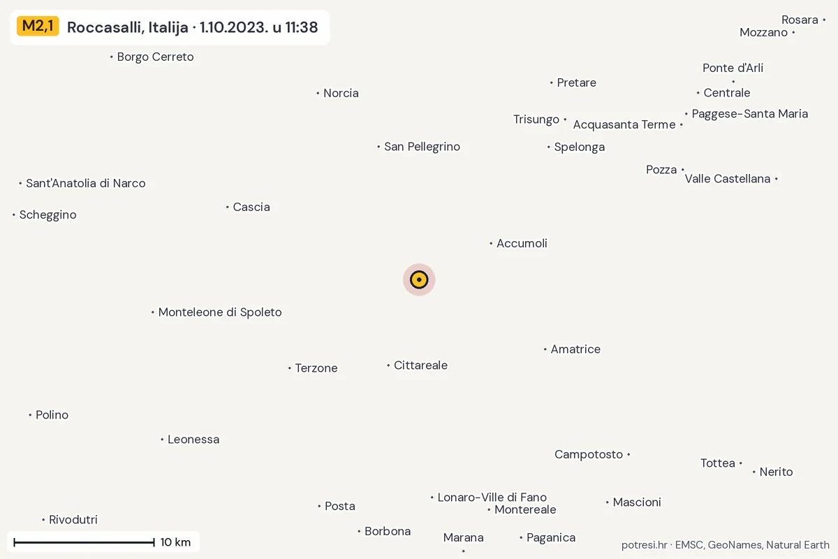 Karta: okolica epicentra, 60 km, potres M2,1, Roccasalli, Italija, 1.10.2023.