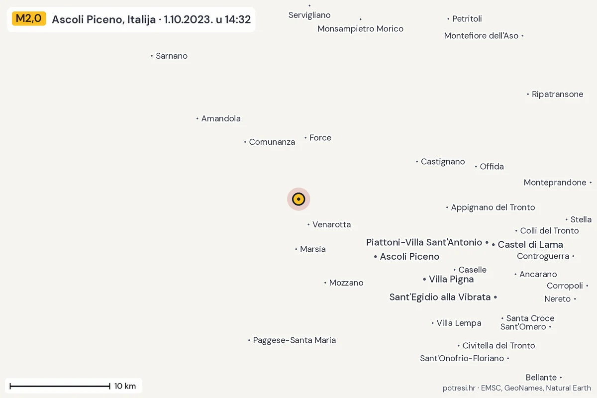 Karta: okolica epicentra, 60 km, potres M2,0, Ascoli Piceno, Italija, 1.10.2023.