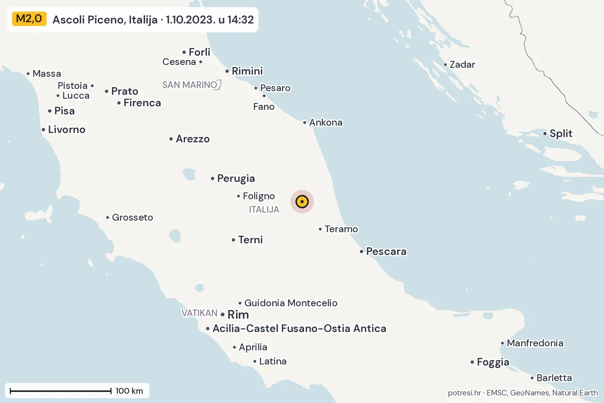 Karta: šire područje, 600 km, potres M2,0, Ascoli Piceno, Italija, 1.10.2023.