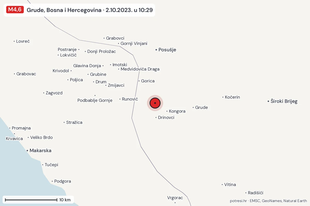 Karta: okolica epicentra, 60 km, potres M4,6, Grude, Bosna i Hercegovina, 2.10.2023.