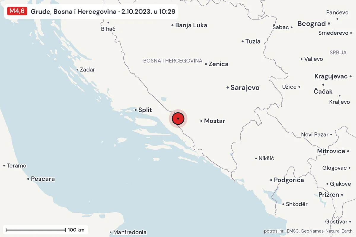 Karta: šire područje, 600 km, potres M4,6, Grude, Bosna i Hercegovina, 2.10.2023.
