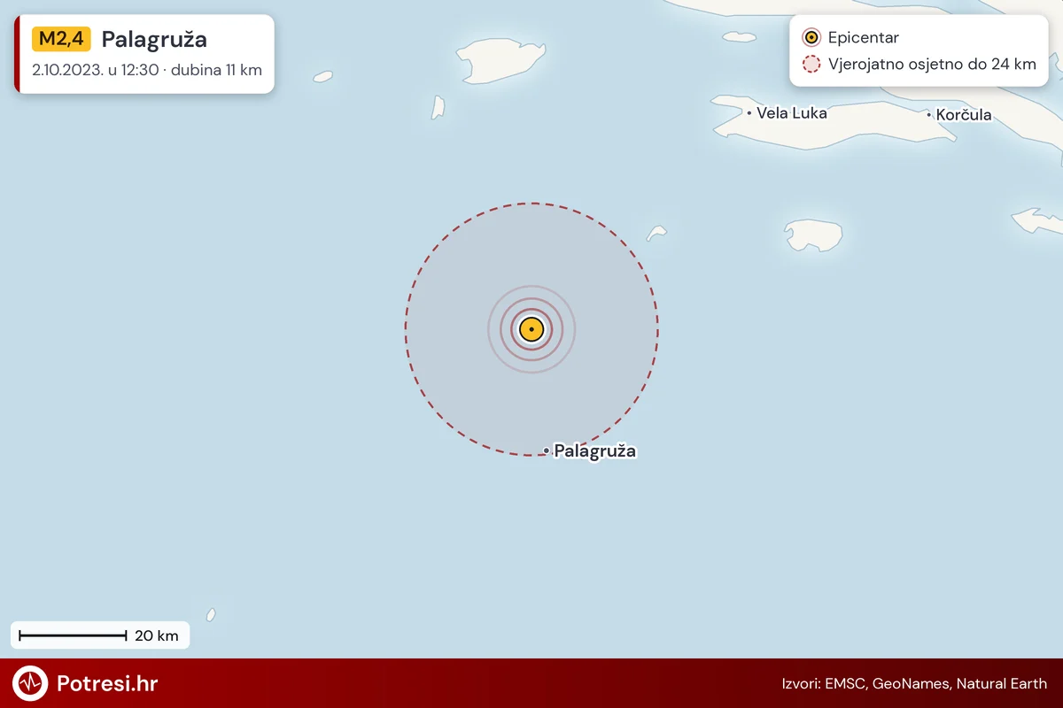 Karta: šire područje, 600 km, potres M2,4, Palagruža, 2.10.2023.