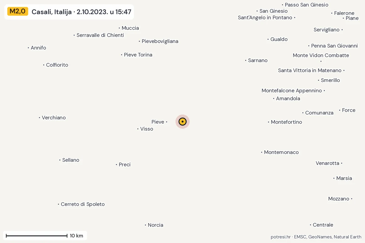 Karta: okolica epicentra, 60 km, potres M2,0, Casali, Italija, 2.10.2023.