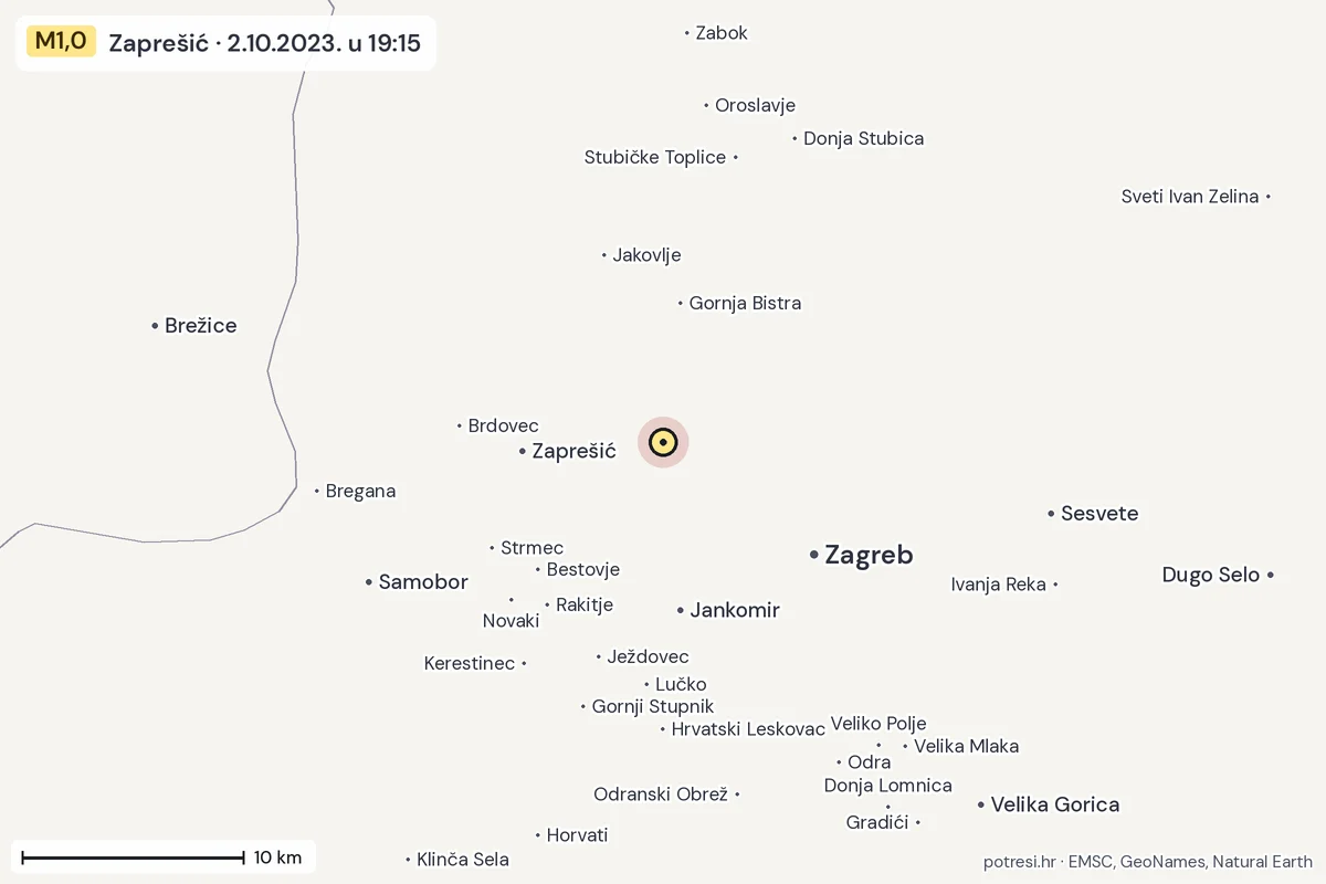 Karta: okolica epicentra, 60 km, potres M1,0, Zaprešić, 2.10.2023.