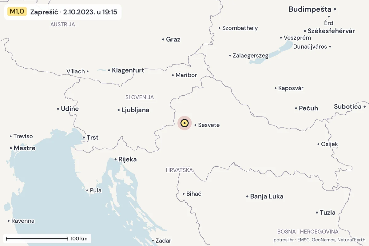 Karta: šire područje, 600 km, potres M1,0, Zaprešić, 2.10.2023.