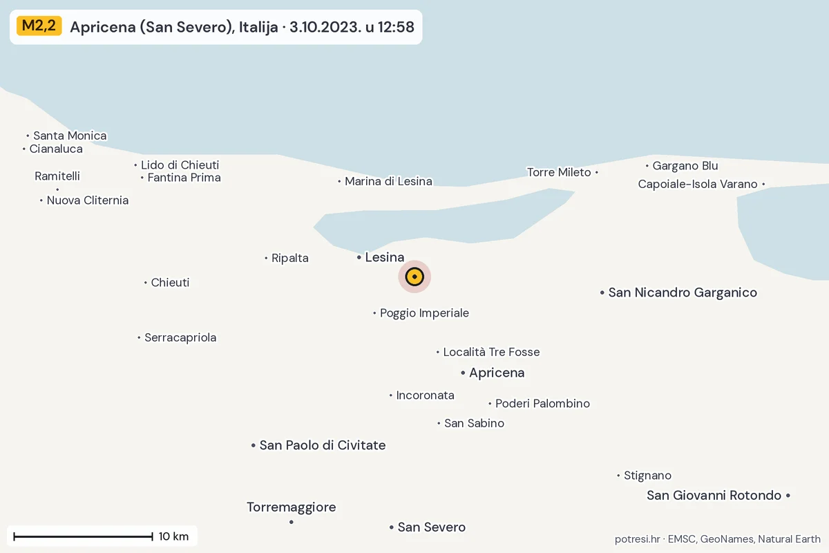 Karta: okolica epicentra, 60 km, potres M2,2, Apricena (San Severo), Italija, 3.10.2023.