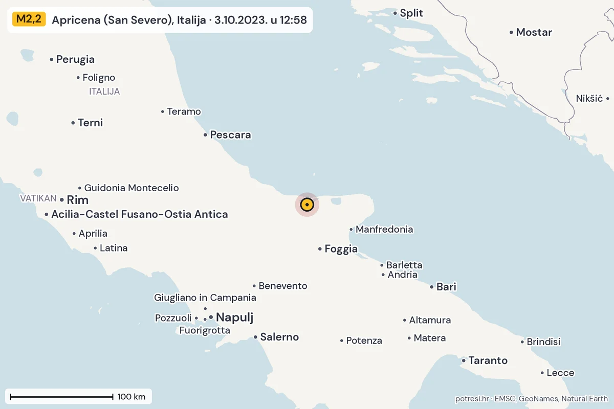 Karta: šire područje, 600 km, potres M2,2, Apricena (San Severo), Italija, 3.10.2023.