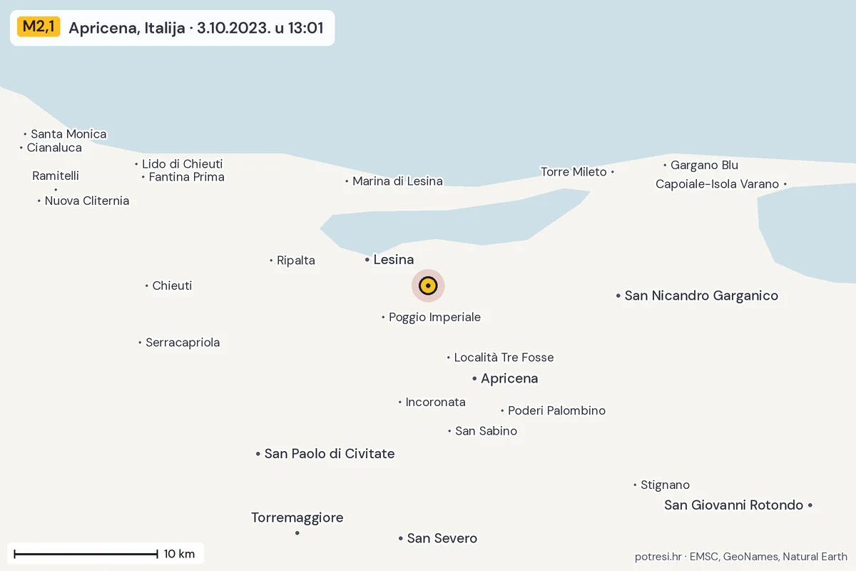 Karta: okolica epicentra, 60 km, potres M2,1, Apricena, Italija, 3.10.2023.