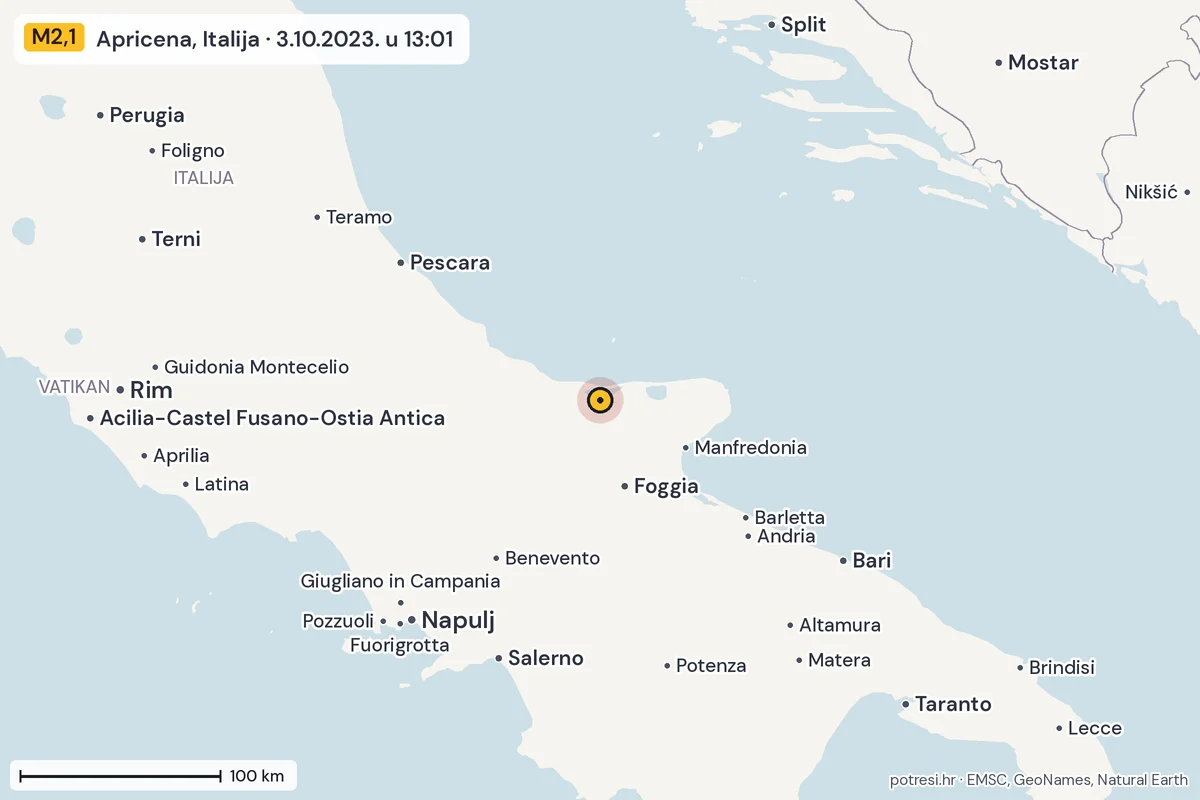 Karta: šire područje, 600 km, potres M2,1, Apricena, Italija, 3.10.2023.