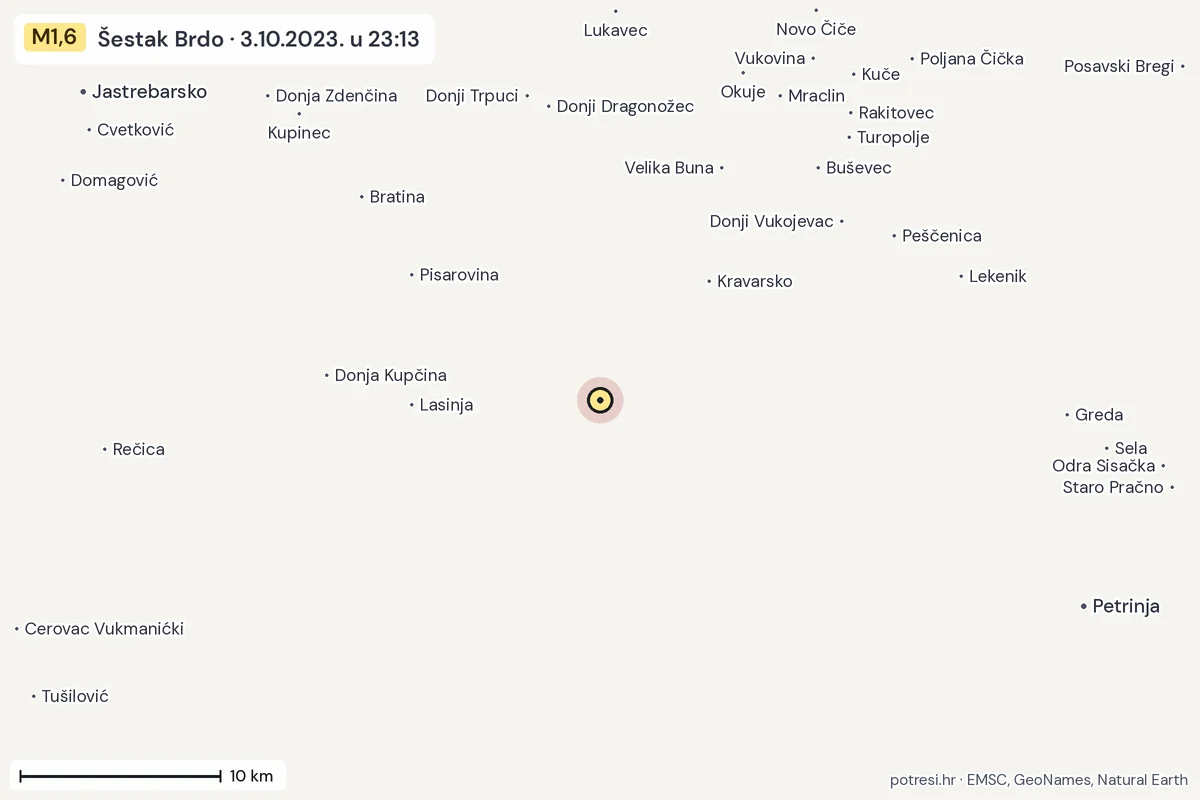 Karta: okolica epicentra, 60 km, potres M1,6, Šestak Brdo, 3.10.2023.