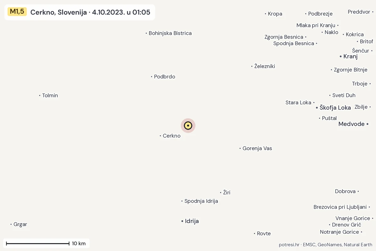 Karta: okolica epicentra, 60 km, potres M1,5, Cerkno, Slovenija, 4.10.2023.