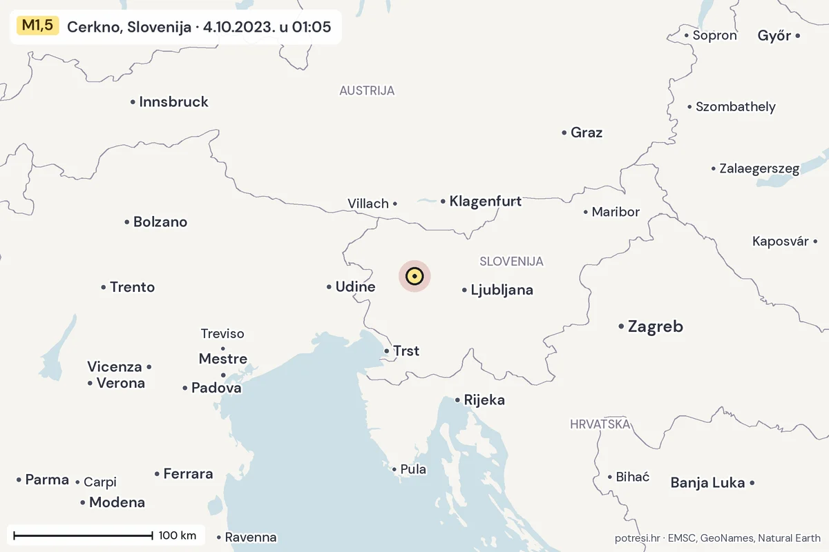 Karta: šire područje, 600 km, potres M1,5, Cerkno, Slovenija, 4.10.2023.