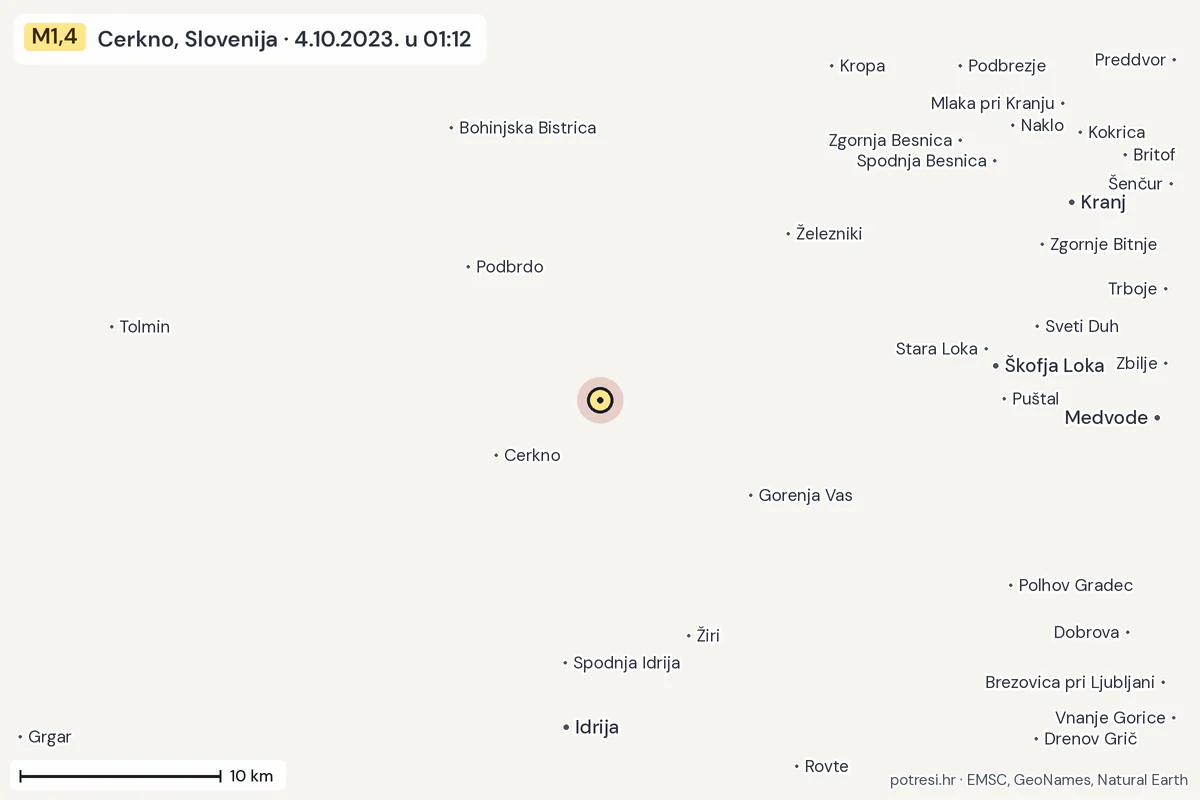 Karta: okolica epicentra, 60 km, potres M1,4, Cerkno, Slovenija, 4.10.2023.