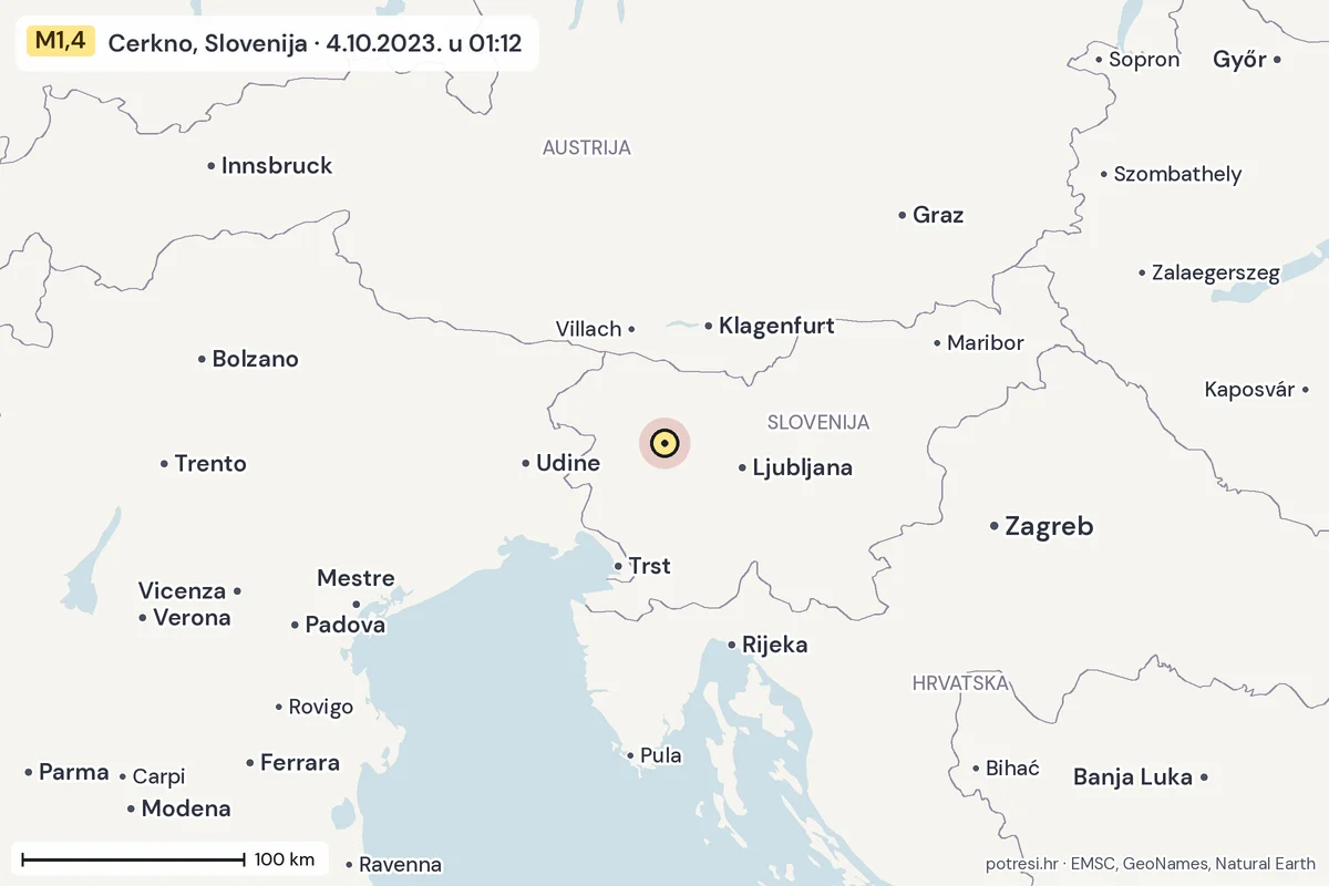 Karta: šire područje, 600 km, potres M1,4, Cerkno, Slovenija, 4.10.2023.