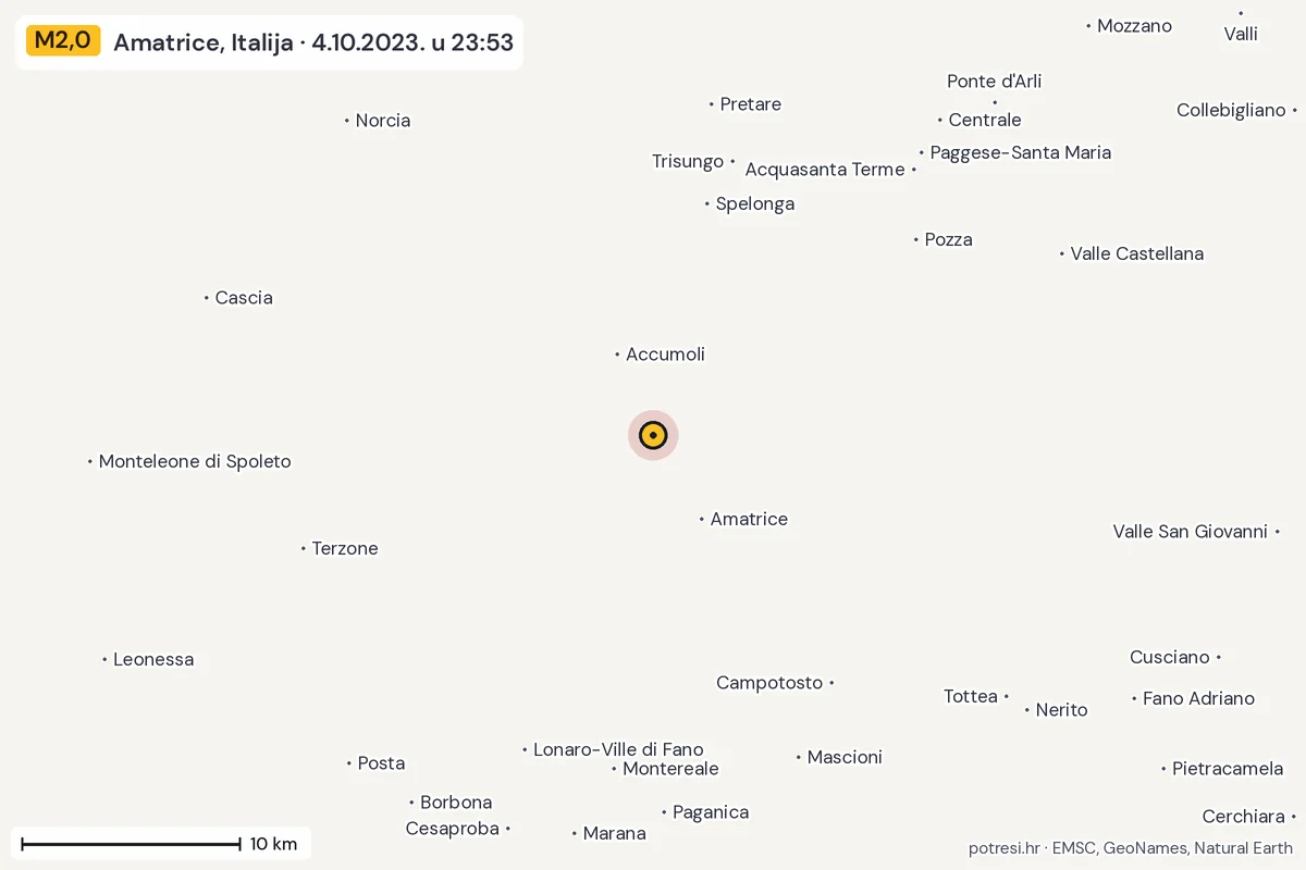 Karta: okolica epicentra, 60 km, potres M2,0, Amatrice, Italija, 4.10.2023.