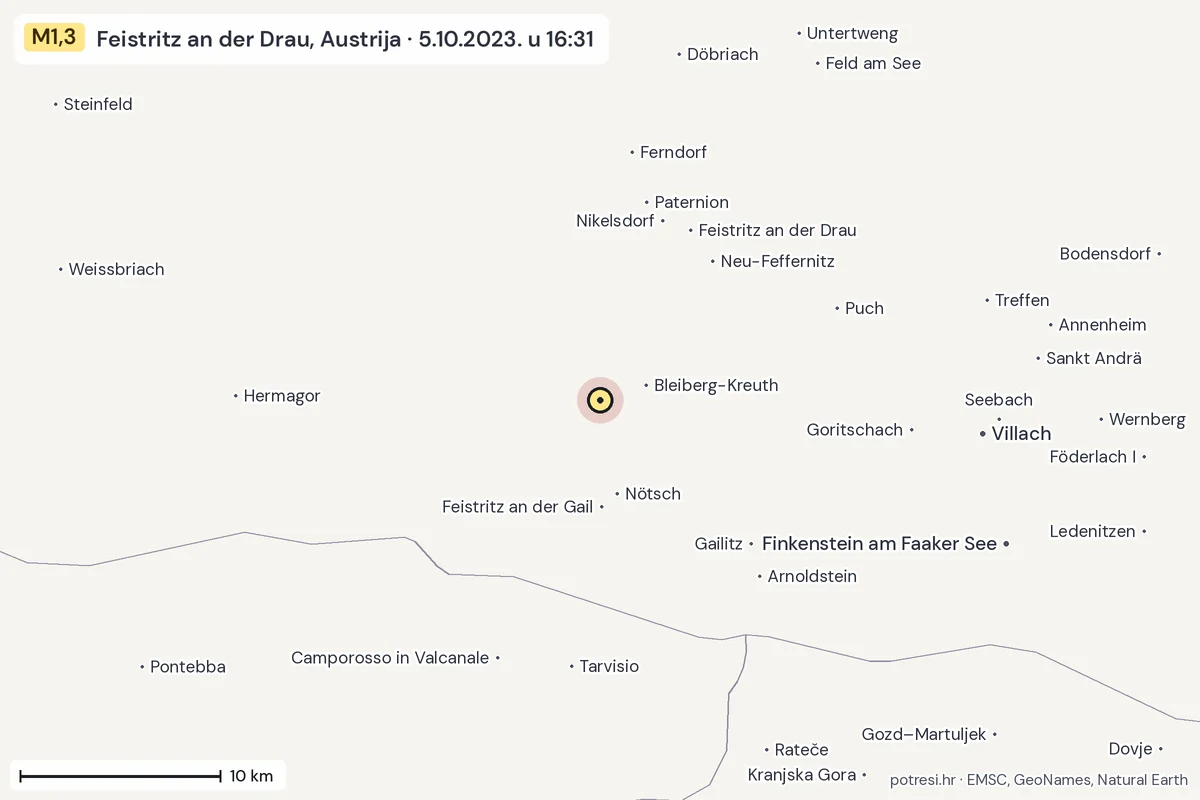 Karta: okolica epicentra, 60 km, potres M1,3, Feistritz an der Drau, Austrija, 5.10.2023.