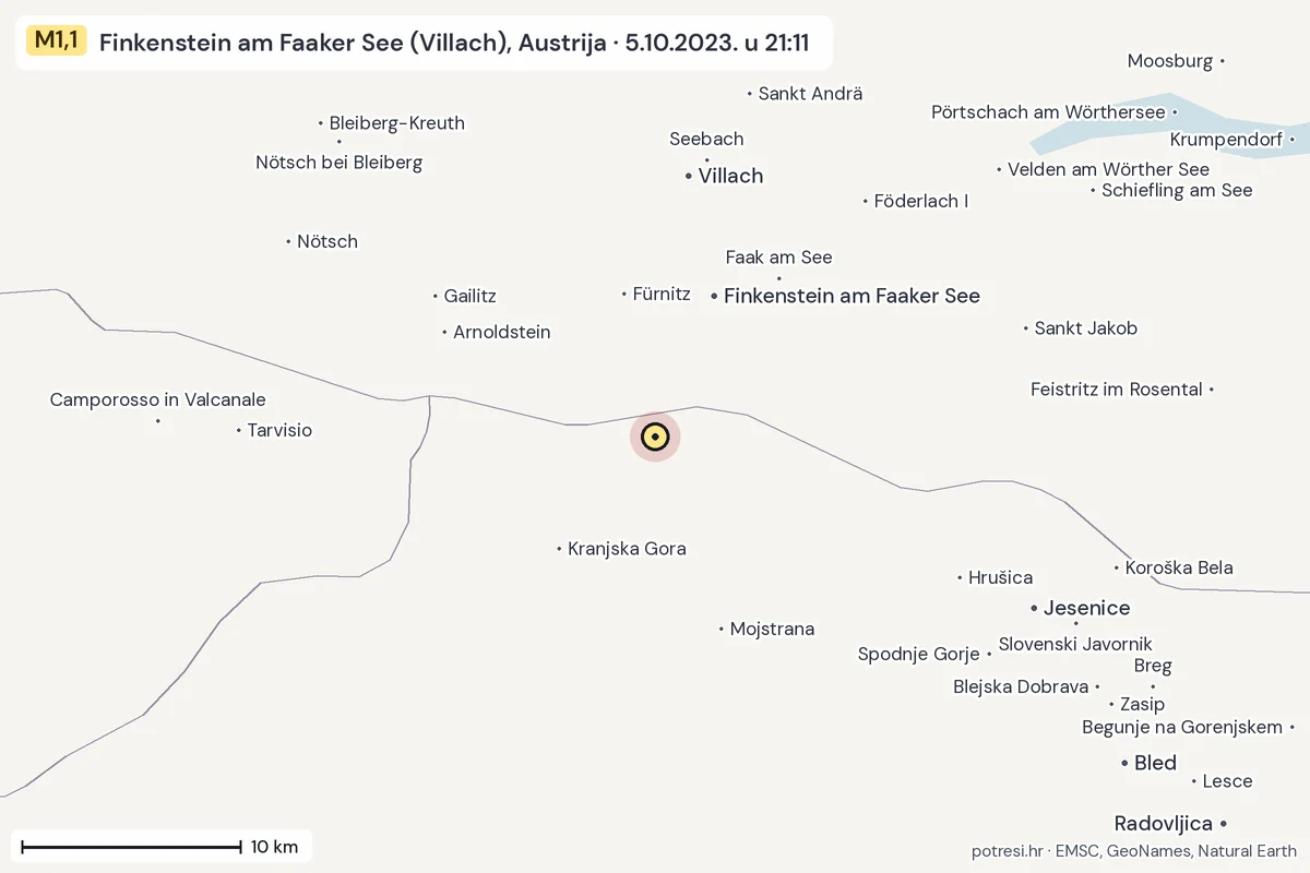 Karta: okolica epicentra, 60 km, potres M1,1, Finkenstein am Faaker See (Villach), Austrija, 5.10.2023.