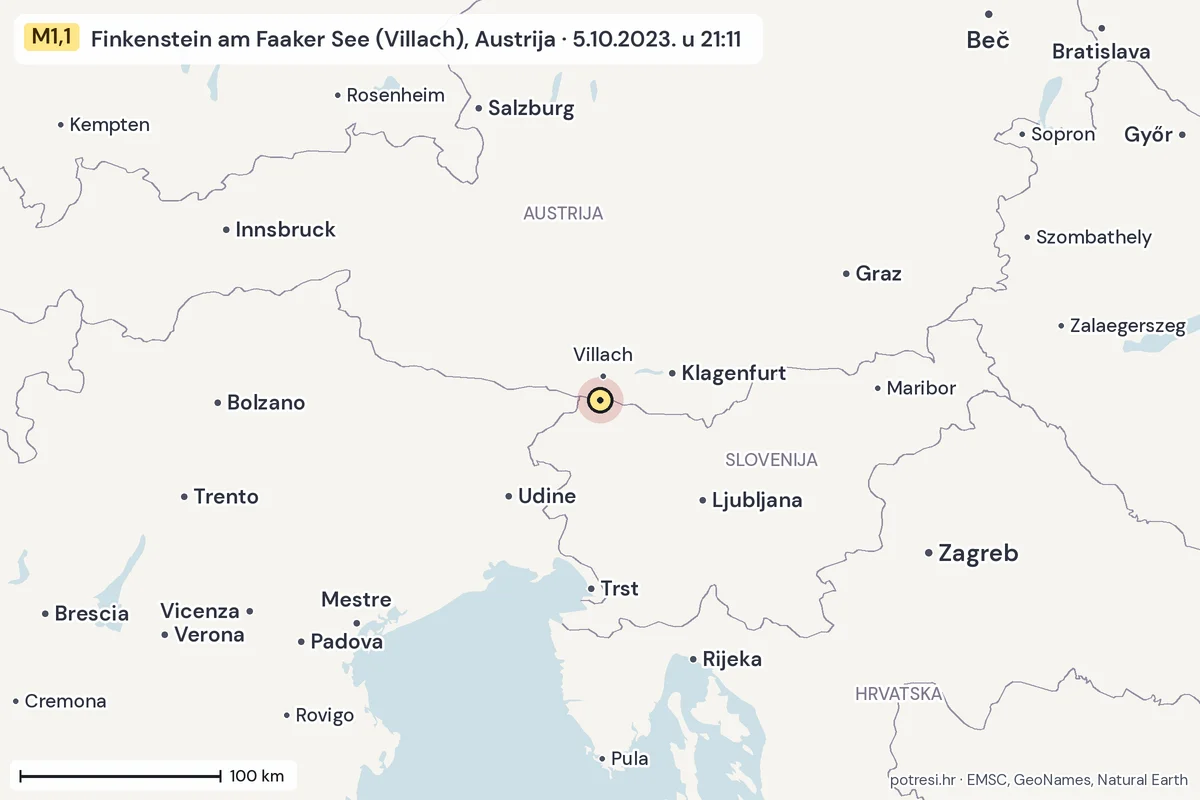 Karta: šire područje, 600 km, potres M1,1, Finkenstein am Faaker See (Villach), Austrija, 5.10.2023.