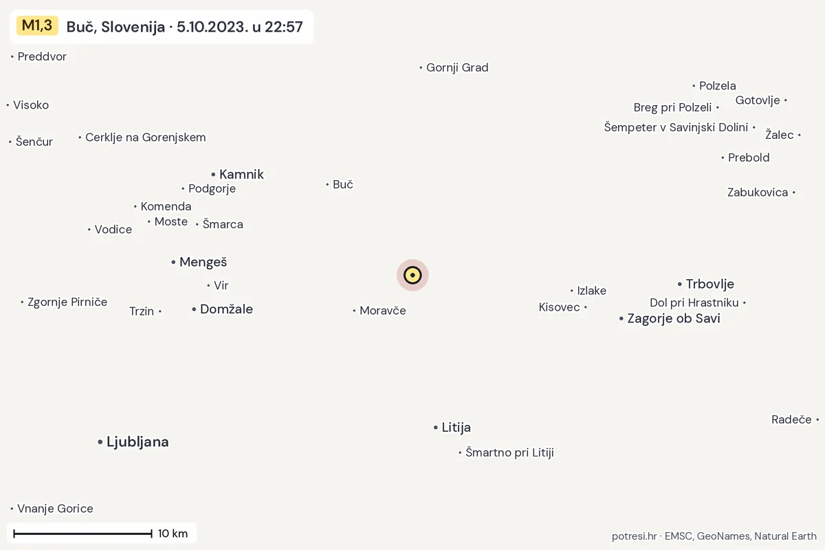 Karta: okolica epicentra, 60 km, potres M1,3, Buč, Slovenija, 5.10.2023.