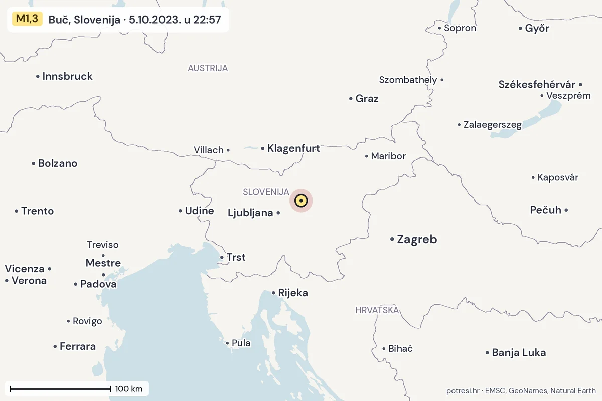 Karta: šire područje, 600 km, potres M1,3, Buč, Slovenija, 5.10.2023.