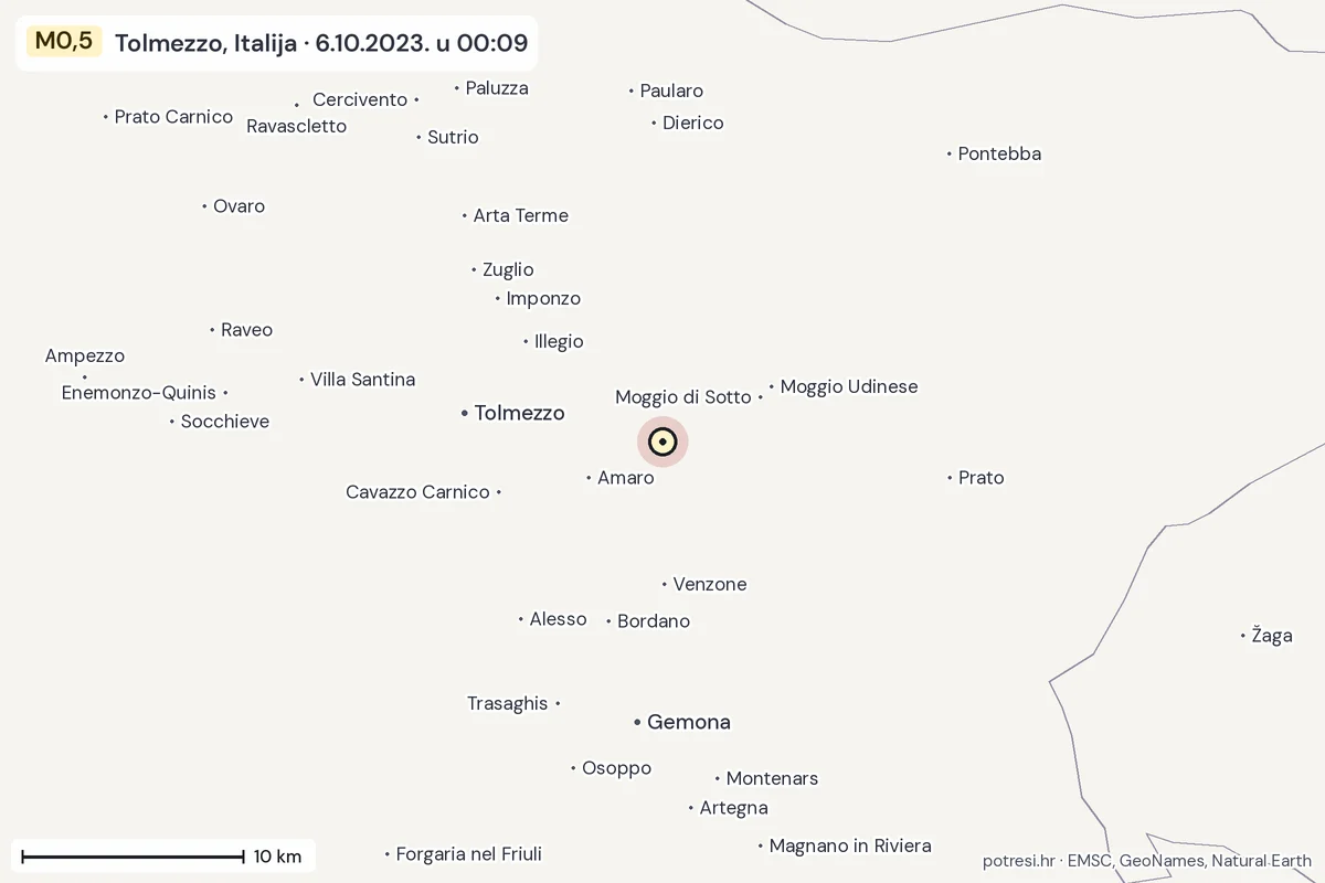 Karta: okolica epicentra, 60 km, potres M0,5, Tolmezzo, Italija, 6.10.2023.