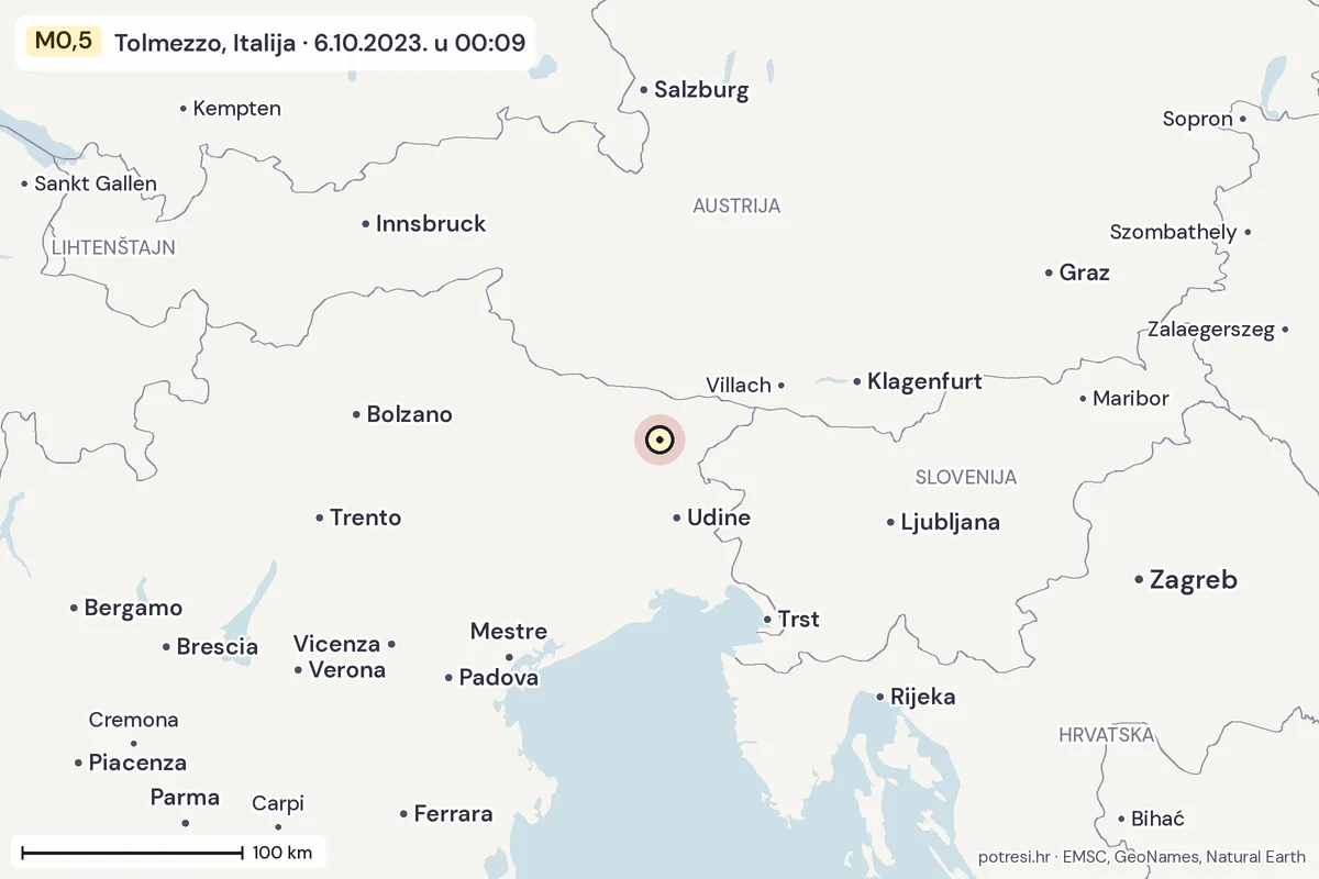 Karta: šire područje, 600 km, potres M0,5, Tolmezzo, Italija, 6.10.2023.