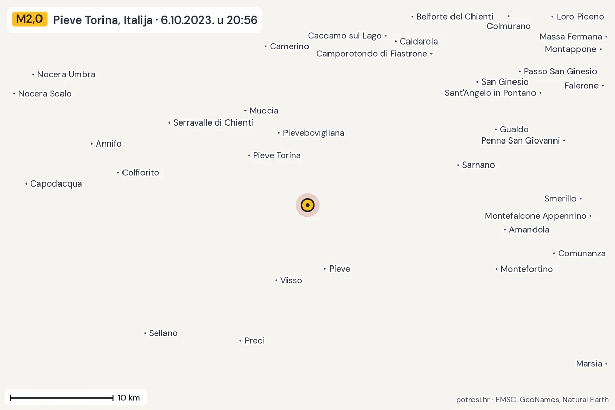 Karta: okolica epicentra, 60 km, potres M2,0, Pieve Torina, Italija, 6.10.2023.