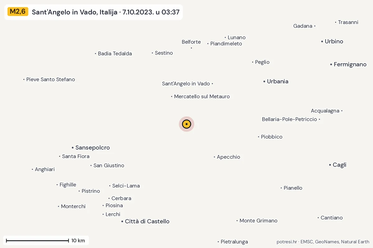 Karta: okolica epicentra, 60 km, potres M2,6, Sant'Angelo in Vado, Italija, 7.10.2023.