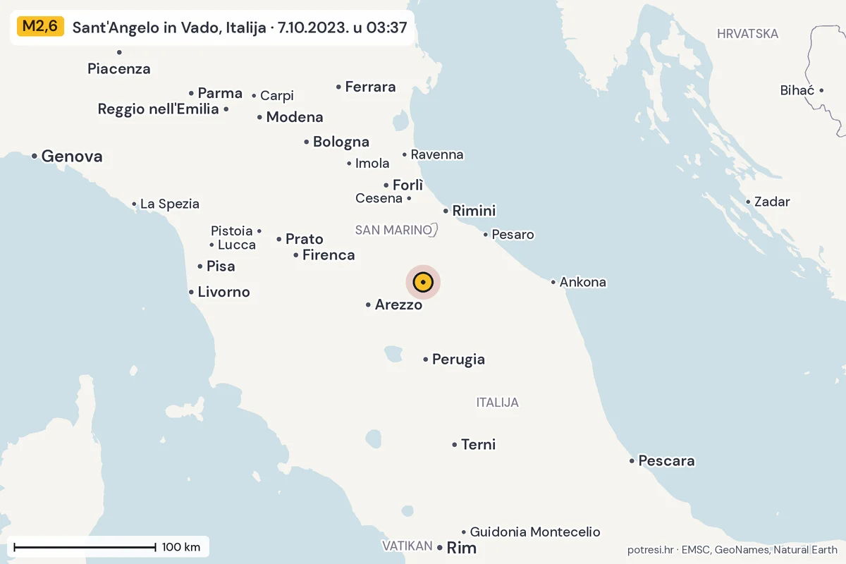 Karta: šire područje, 600 km, potres M2,6, Sant'Angelo in Vado, Italija, 7.10.2023.