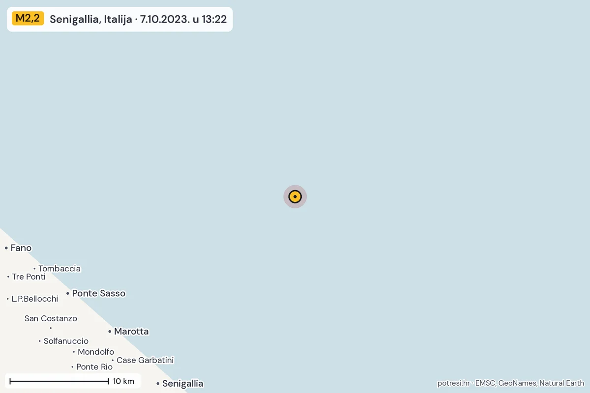 Karta: okolica epicentra, 60 km, potres M2,2, Senigallia, Italija, 7.10.2023.