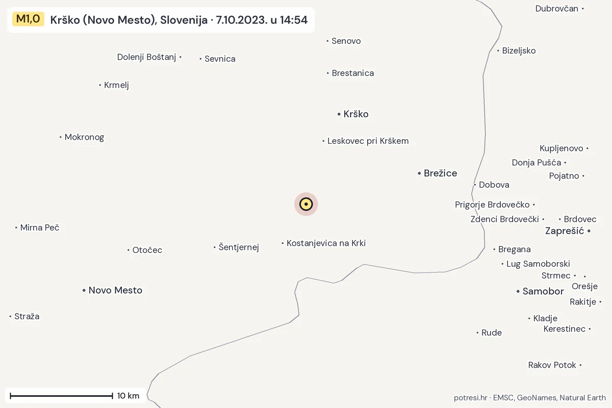 Karta: okolica epicentra, 60 km, potres M1,0, Krško (Novo Mesto), Slovenija, 7.10.2023.