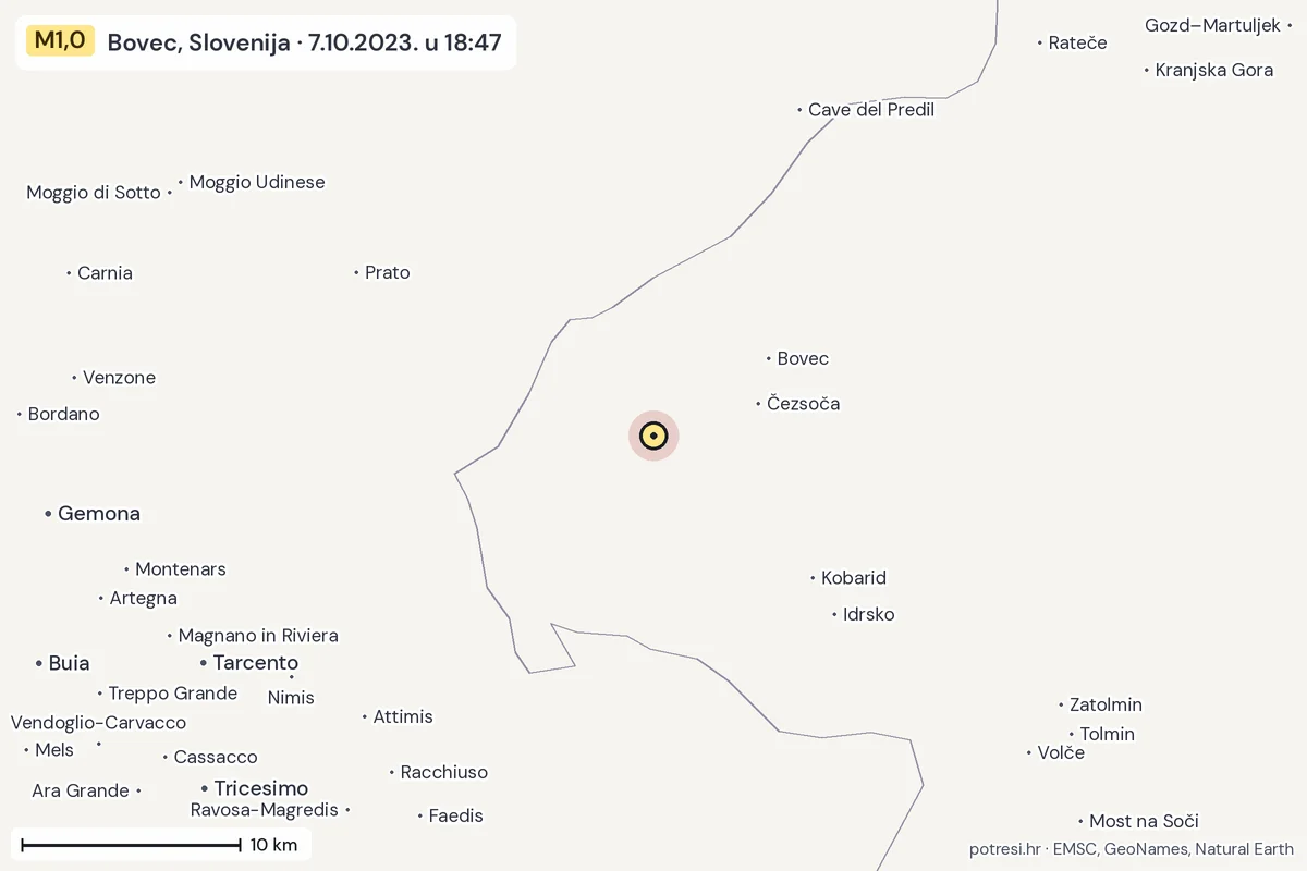 Karta: okolica epicentra, 60 km, potres M1,0, Bovec, Slovenija, 7.10.2023.