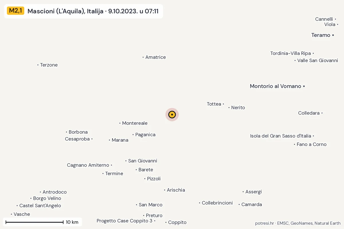 Karta: okolica epicentra, 60 km, potres M2,1, Mascioni (L'Aquila), Italija, 9.10.2023.