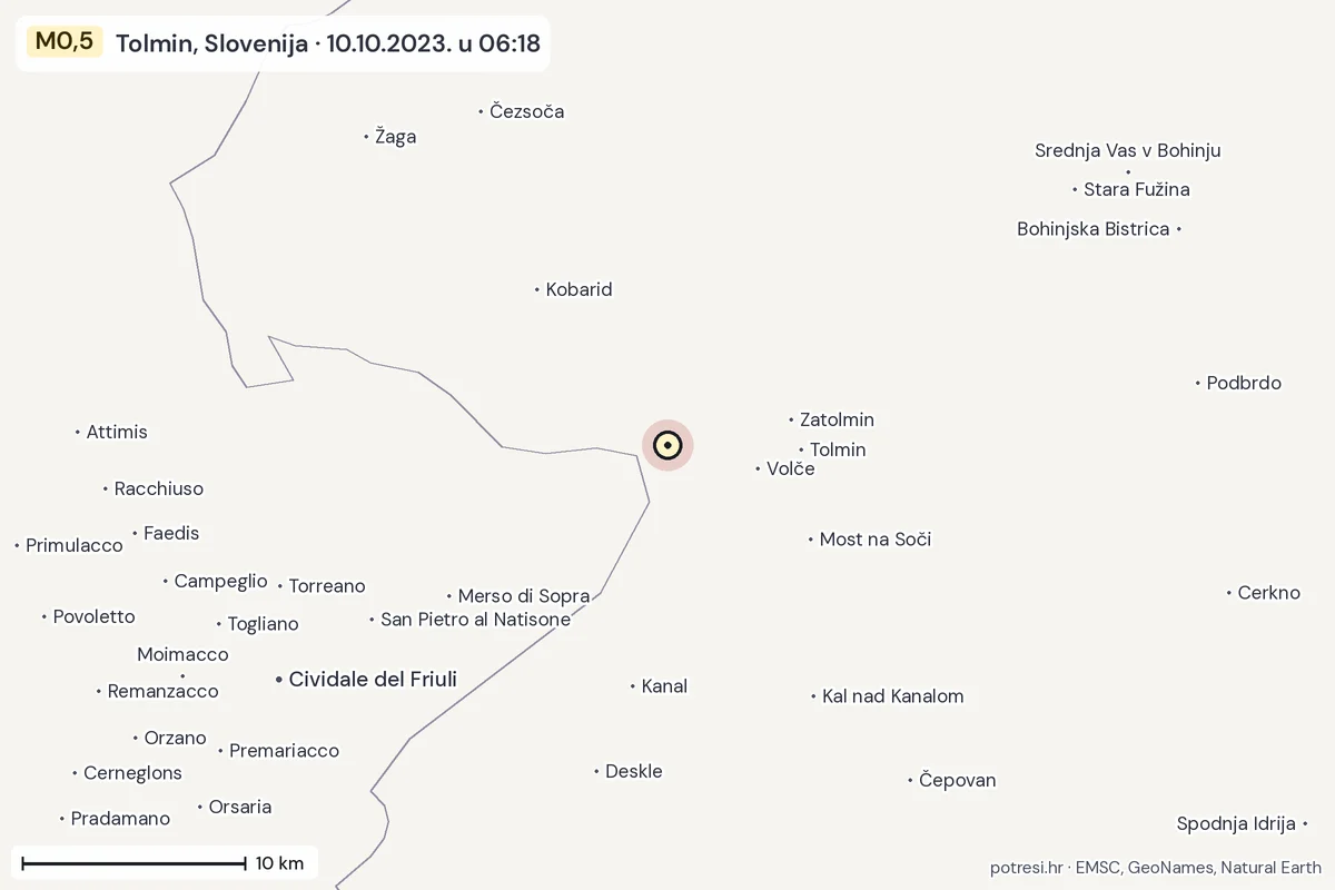 Karta: okolica epicentra, 60 km, potres M0,5, Tolmin, Slovenija, 10.10.2023.