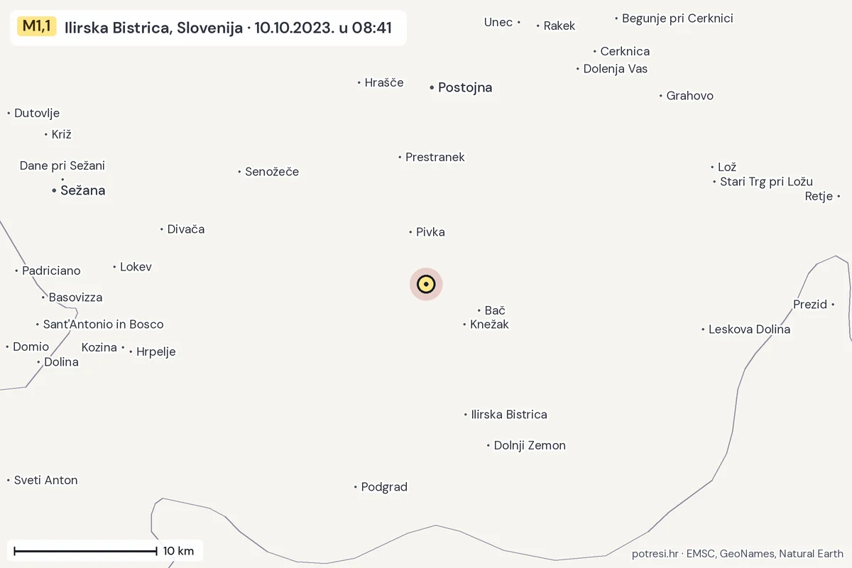 Karta: okolica epicentra, 60 km, potres M1,1, Ilirska Bistrica, Slovenija, 10.10.2023.