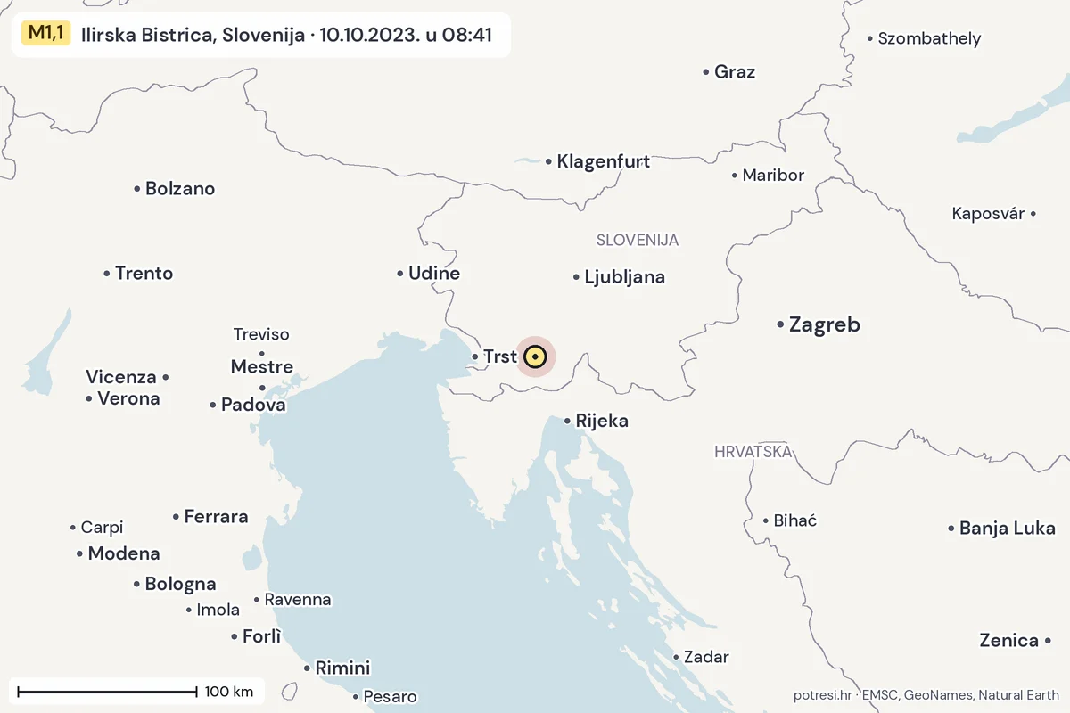 Karta: šire područje, 600 km, potres M1,1, Ilirska Bistrica, Slovenija, 10.10.2023.