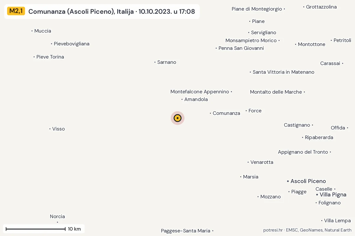 Karta: okolica epicentra, 60 km, potres M2,1, Comunanza (Ascoli Piceno), Italija, 10.10.2023.