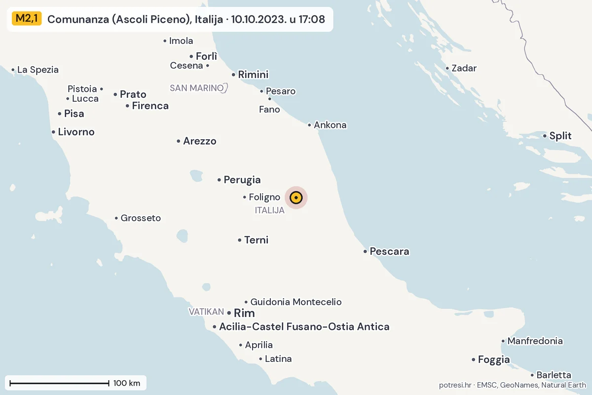 Karta: šire područje, 600 km, potres M2,1, Comunanza (Ascoli Piceno), Italija, 10.10.2023.