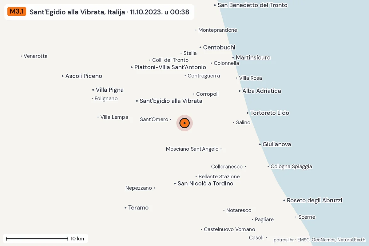 Karta: okolica epicentra, 60 km, potres M3,1, Sant'Egidio alla Vibrata, Italija, 11.10.2023.