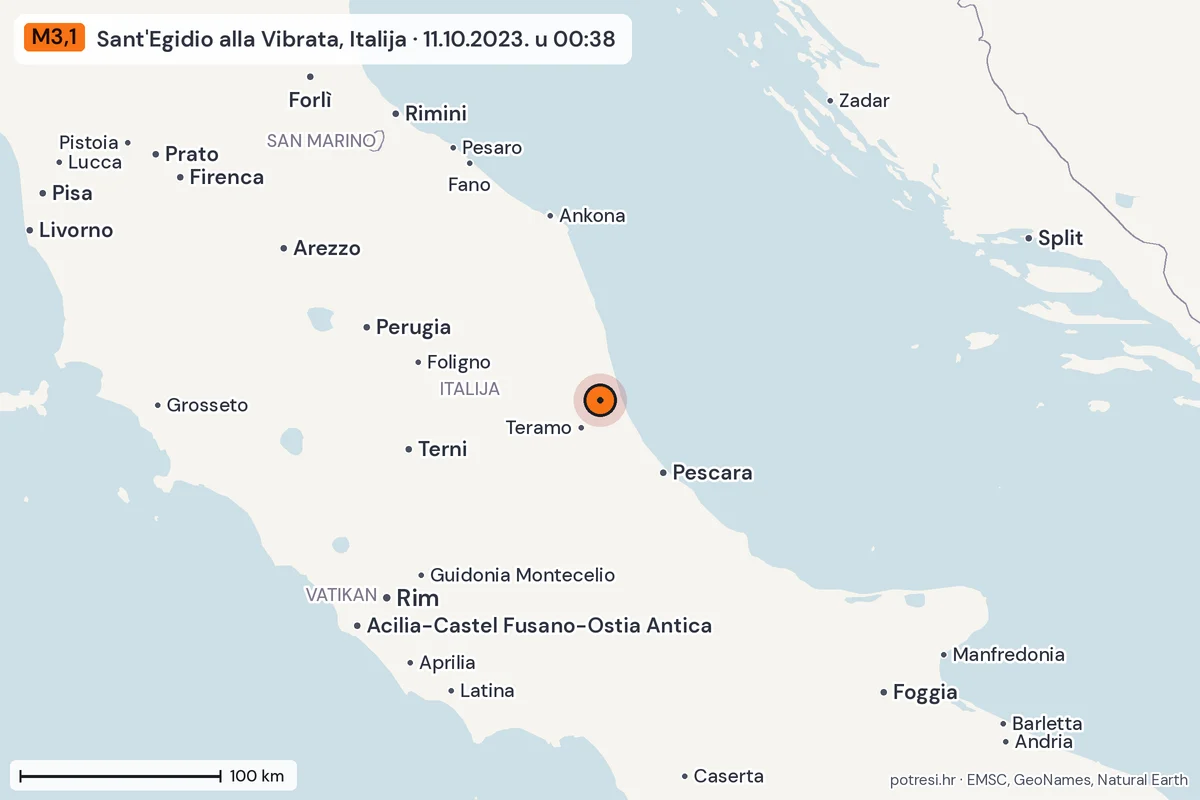 Karta: šire područje, 600 km, potres M3,1, Sant'Egidio alla Vibrata, Italija, 11.10.2023.