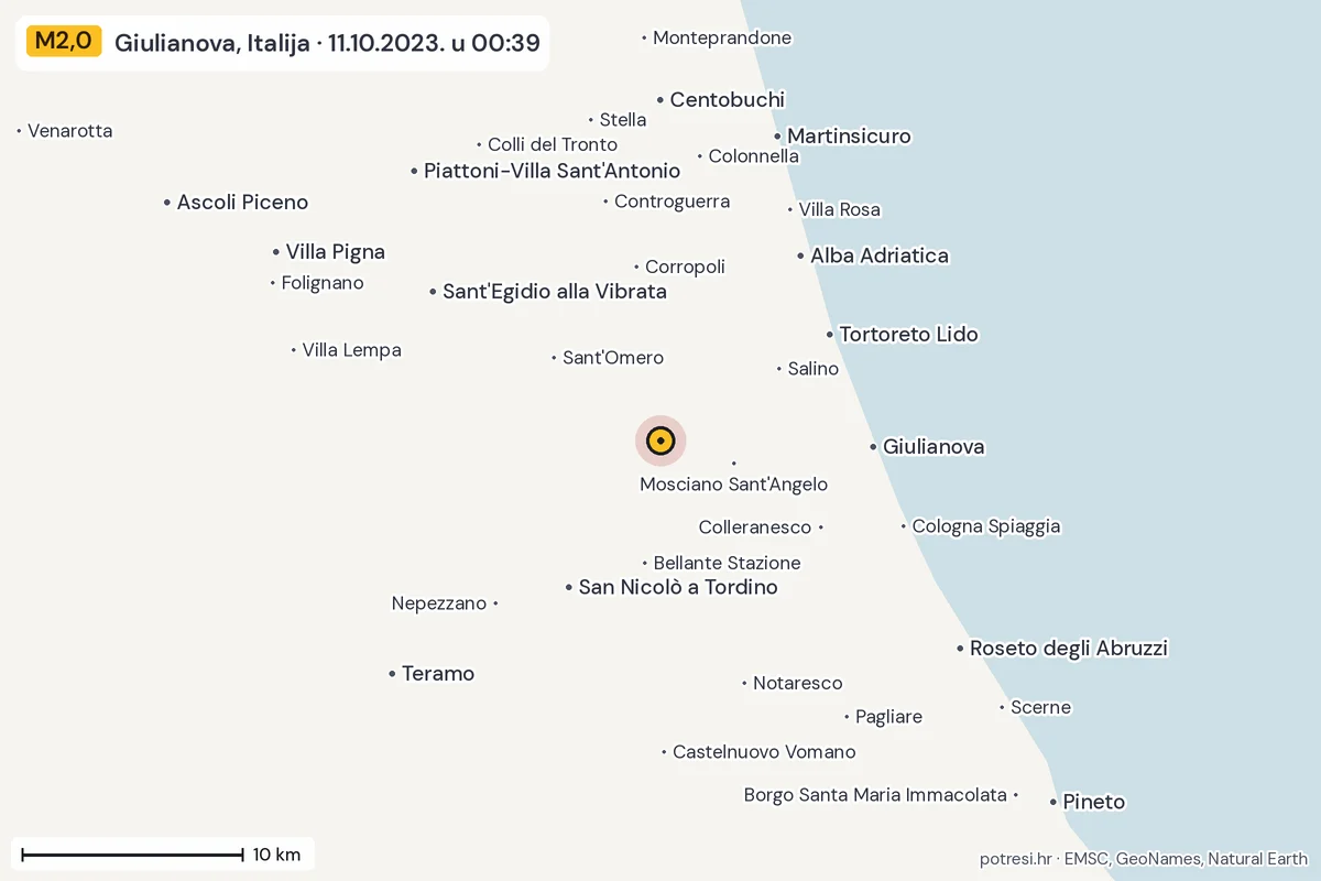 Karta: okolica epicentra, 60 km, potres M2,0, Giulianova, Italija, 11.10.2023.