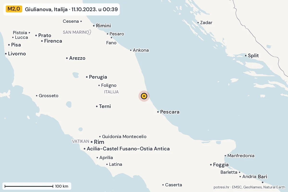 Karta: šire područje, 600 km, potres M2,0, Giulianova, Italija, 11.10.2023.