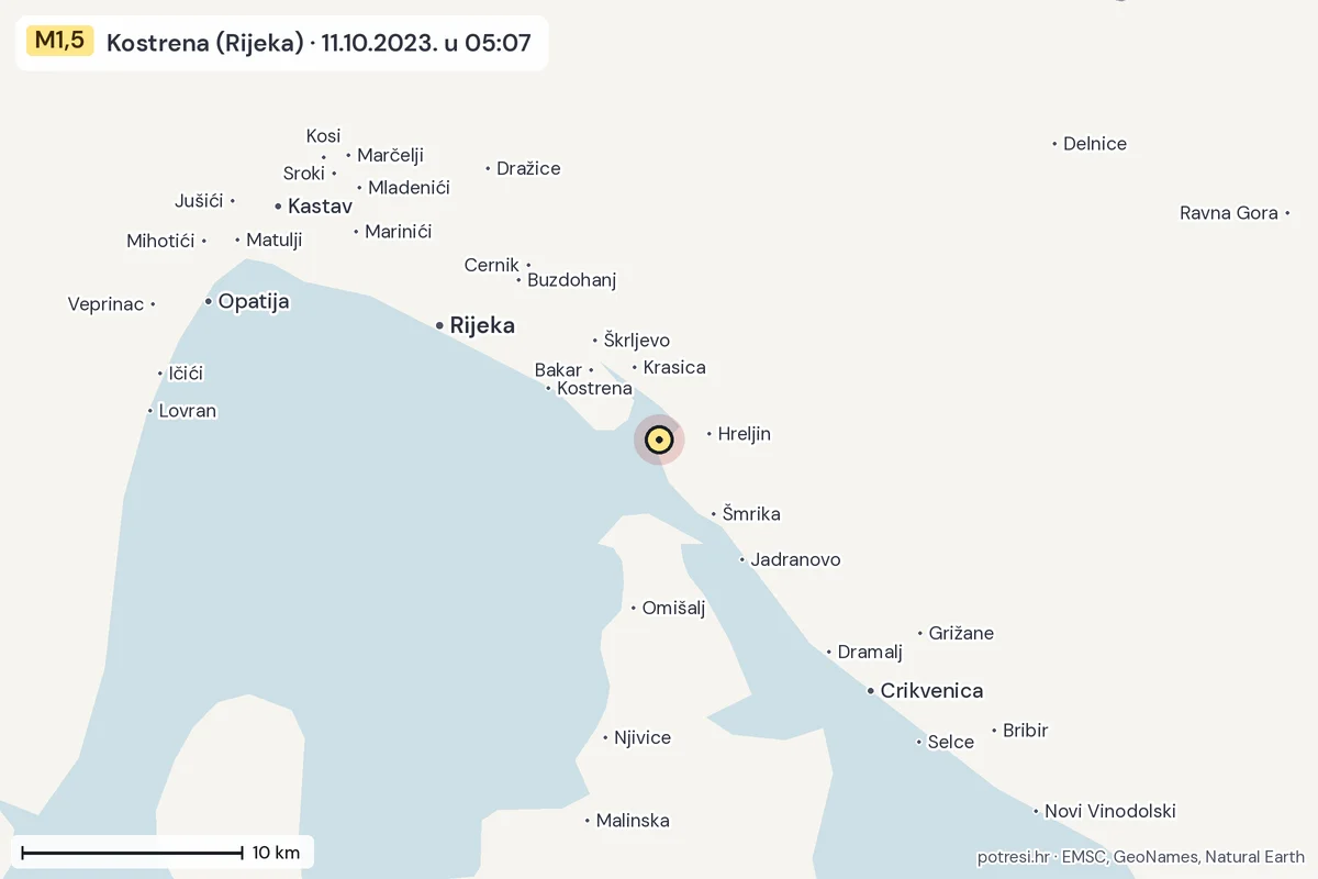 Karta: okolica epicentra, 60 km, potres M1,5, Kostrena (Rijeka), 11.10.2023.