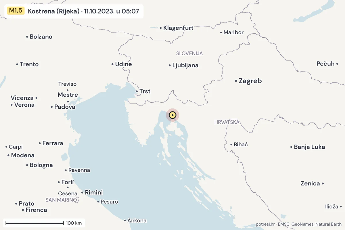 Karta: šire područje, 600 km, potres M1,5, Kostrena (Rijeka), 11.10.2023.