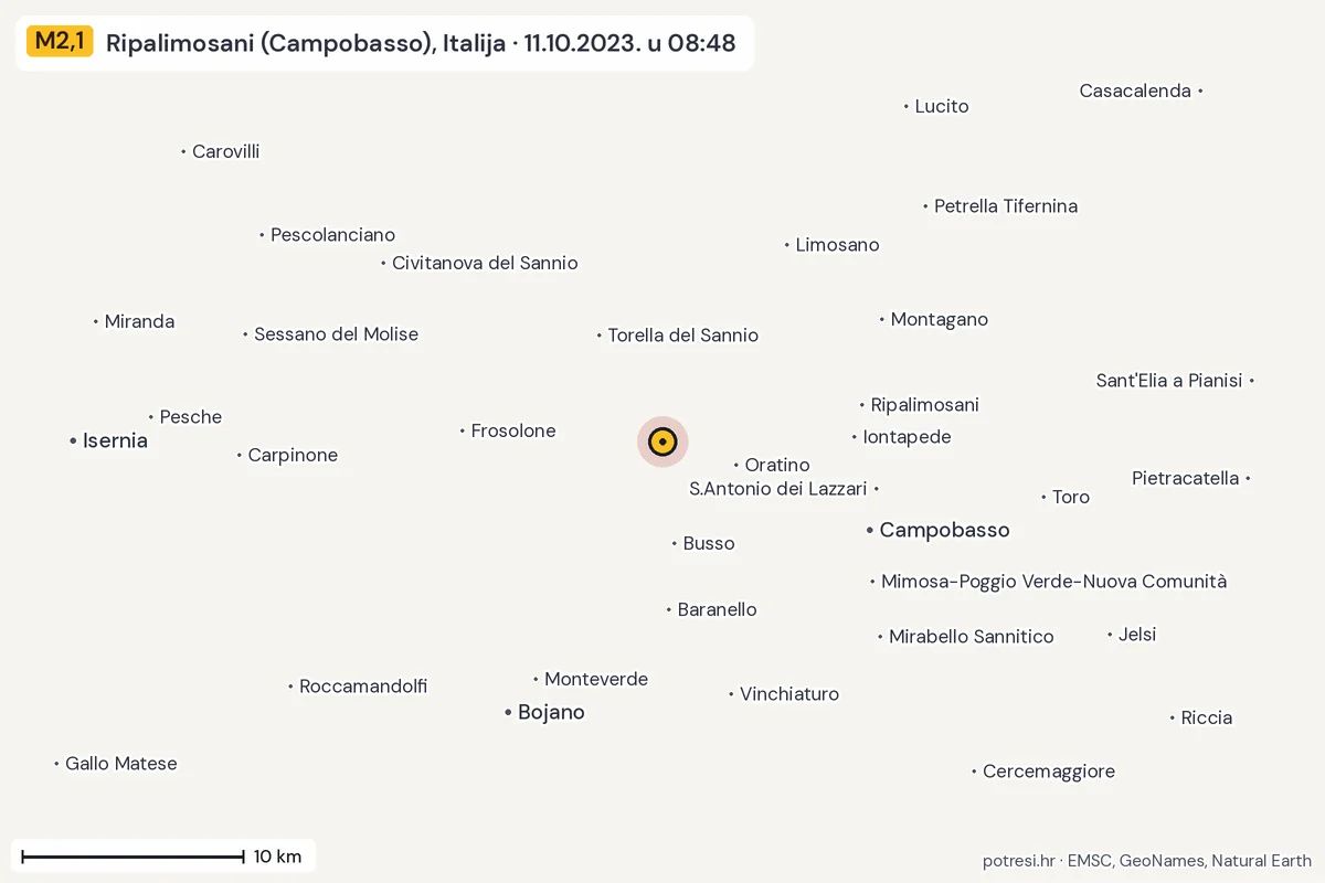Karta: okolica epicentra, 60 km, potres M2,1, Ripalimosani (Campobasso), Italija, 11.10.2023.