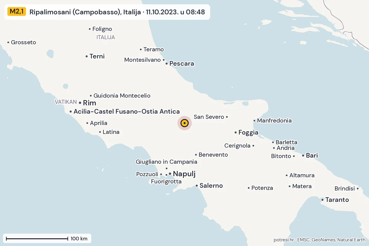 Karta: šire područje, 600 km, potres M2,1, Ripalimosani (Campobasso), Italija, 11.10.2023.